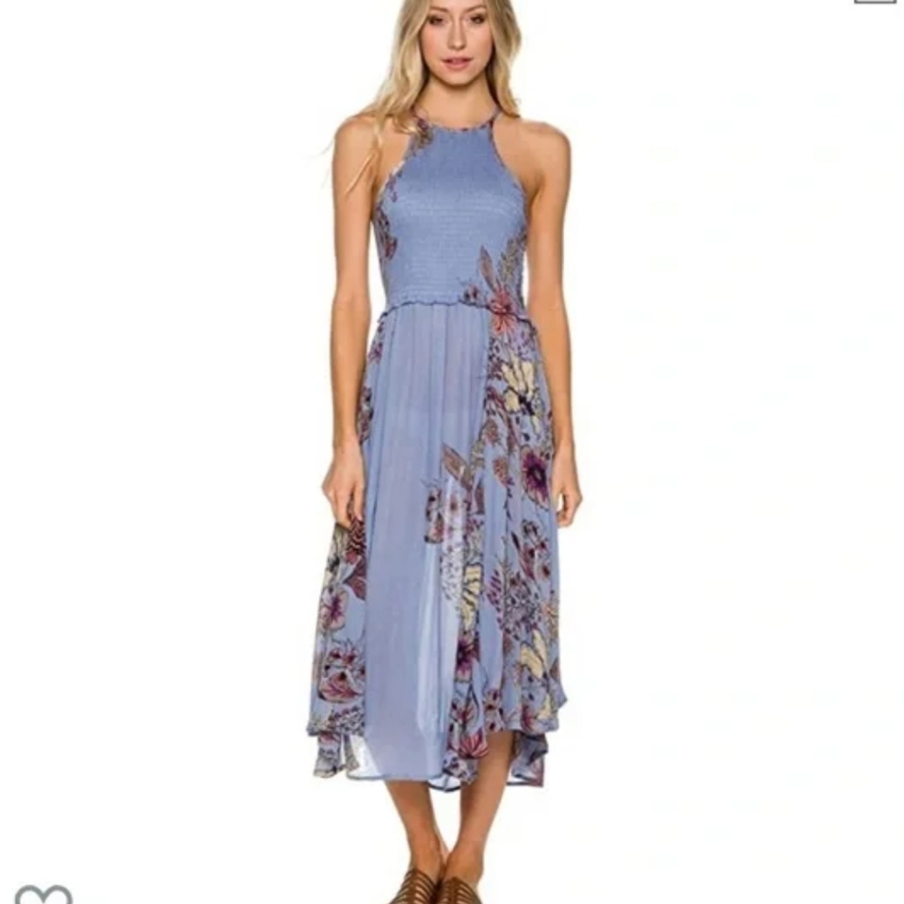 Free people Seasons In The Sun Midi Dress Blue Purple floral print XS NWT flowy